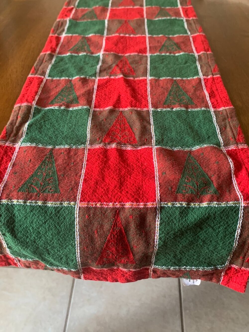 Christmas Table Runner 11x58 Woven Red Green Plaid Metallic Gold Tree Patchwork